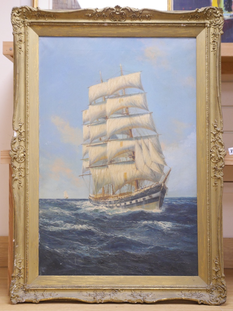 Early 20th century School, oil on canvas, ‘The Galleon Tamar’, unsigned, 75 x 49cm. Condition - fair